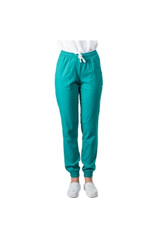 Costum medical stretch verde turcoaz, cu bluza kimono cu paspol alb si pantaloni tip jogger