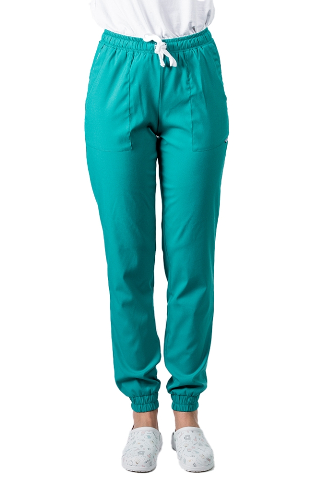 Pantaloni medicali stretch tip jogger verde turcoaz cu snur si elastic in talie si la glezna..