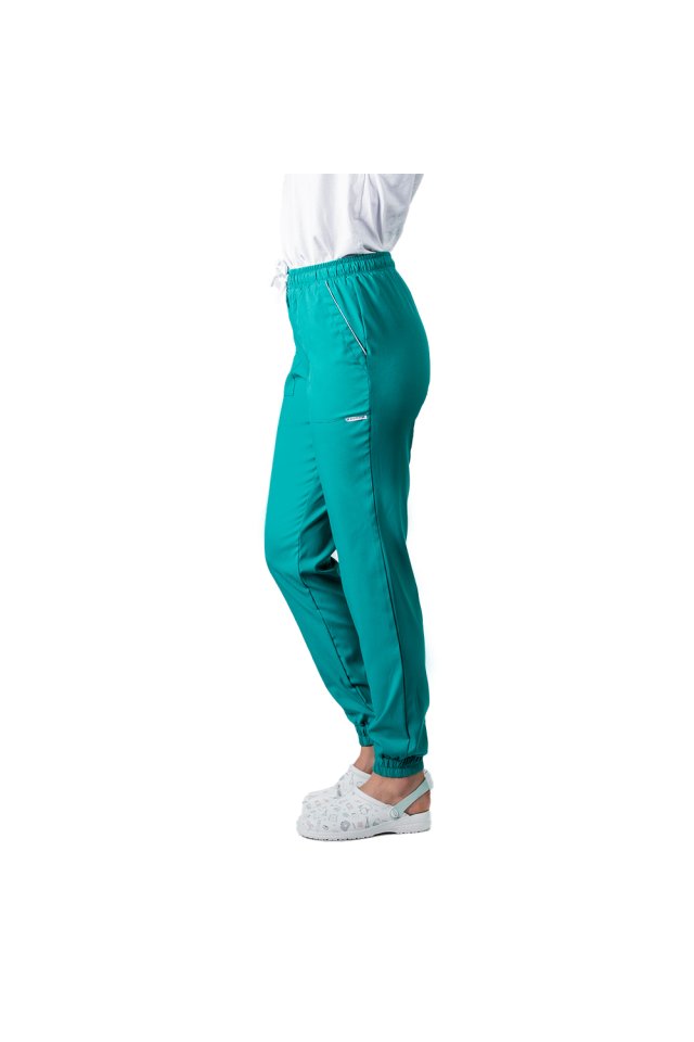 Costum medical elastic verde turcoaz, cu bluza kimono cu paspol alb si pantaloni tip jogger