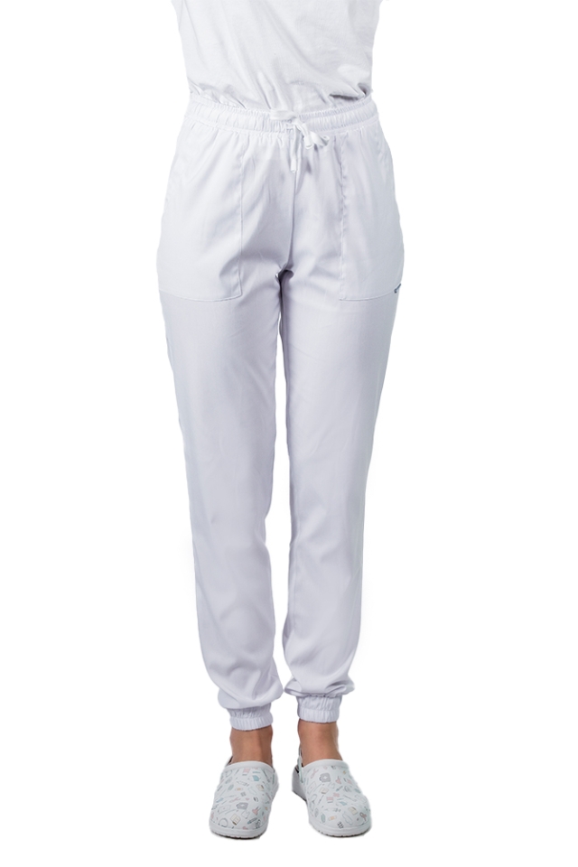 Pantaloni medicali stretch tip jogger alb cu snur si elastic in talie si la glezna..