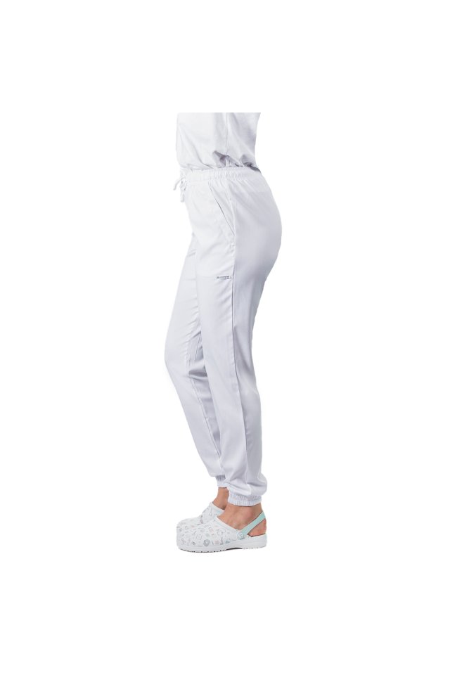 Pantaloni medicali stretch tip jogger alb cu snur si elastic in talie si la glezna