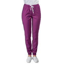 Pantaloni medicali stretch tip jogger magenta cu snur si elastic in talie si la glezna