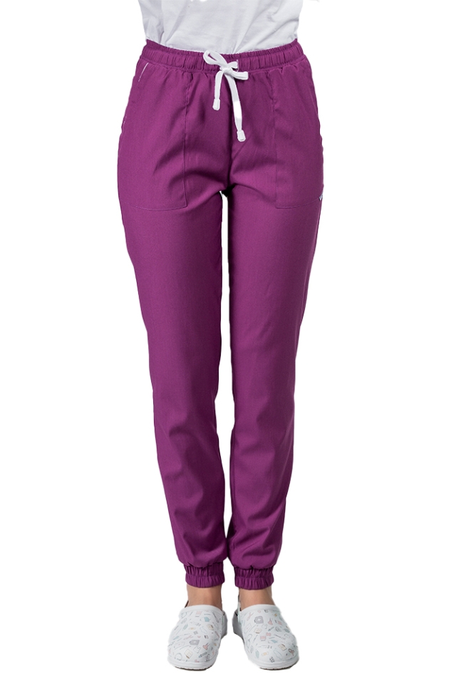 Pantaloni medicali stretch tip jogger magenta cu snur si elastic in talie si la glezna