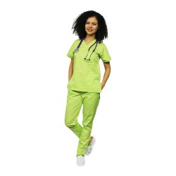 Costum medical lime cu bluza cu anchior in forma V si pantaloni lime cu elastic