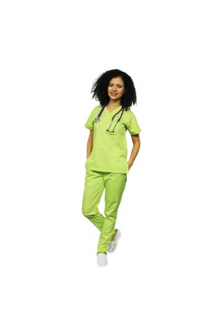 Costum medical lime cu bluza cu anchior in forma V si pantaloni lime cu elastic