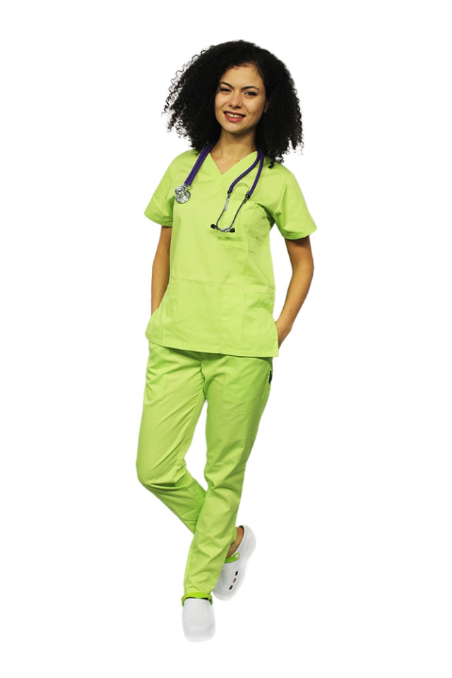 Costum medical lime cu bluza cu anchior in forma V si pantaloni lime cu elastic