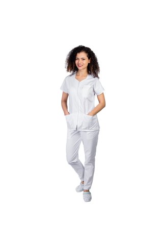 Costum medical alb cu bluza cu fermoar cambrata, trei buzunare aplicate si pantaloni alb cu elastic