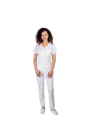 Costum medical alb cu bluza cu fermoar cambrata, trei buzunare aplicate si pantaloni alb cu elastic