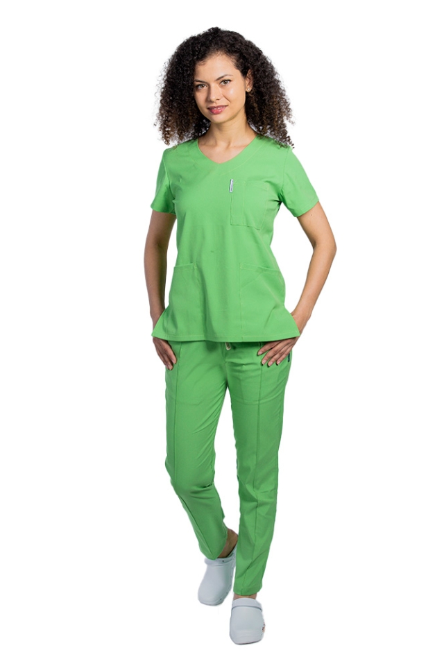 Costum medical stretch vernil cu bluza in V si pantaloni cu snur si elastic