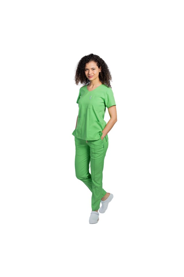 Costum medical stretch vernil cu bluza in V si pantaloni cu snur si elastic