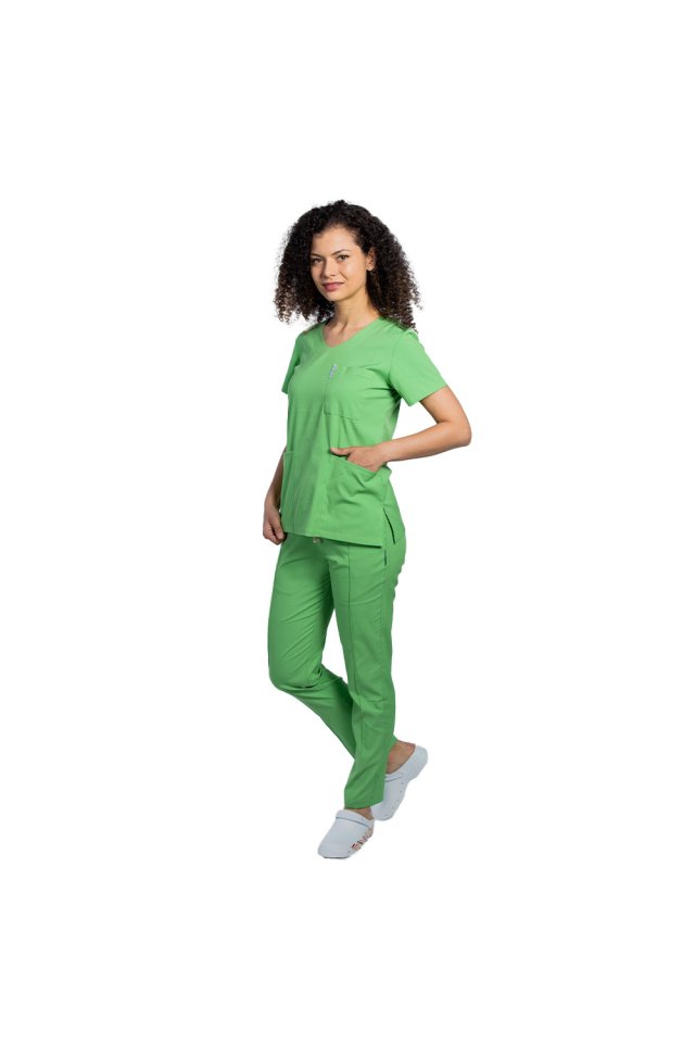 Costum medical stretch vernil cu bluza in V si pantaloni cu snur si elastic