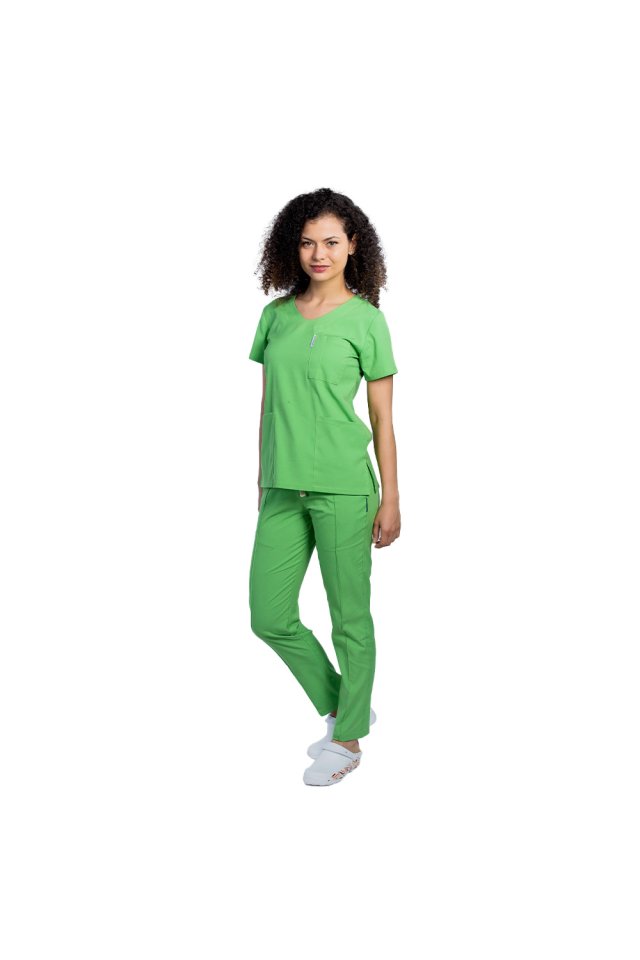 Costum medical stretch vernil cu bluza in V si pantaloni cu snur si elastic