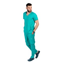 Costum medical stretch barbati verde turcoaz cu bluza in V si pantaloni cu snur si elastic