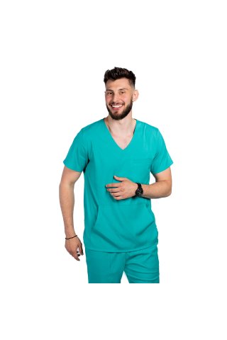 Costum medical stretch barbati verde turcoaz cu bluza in V si pantaloni cu snur si elastic