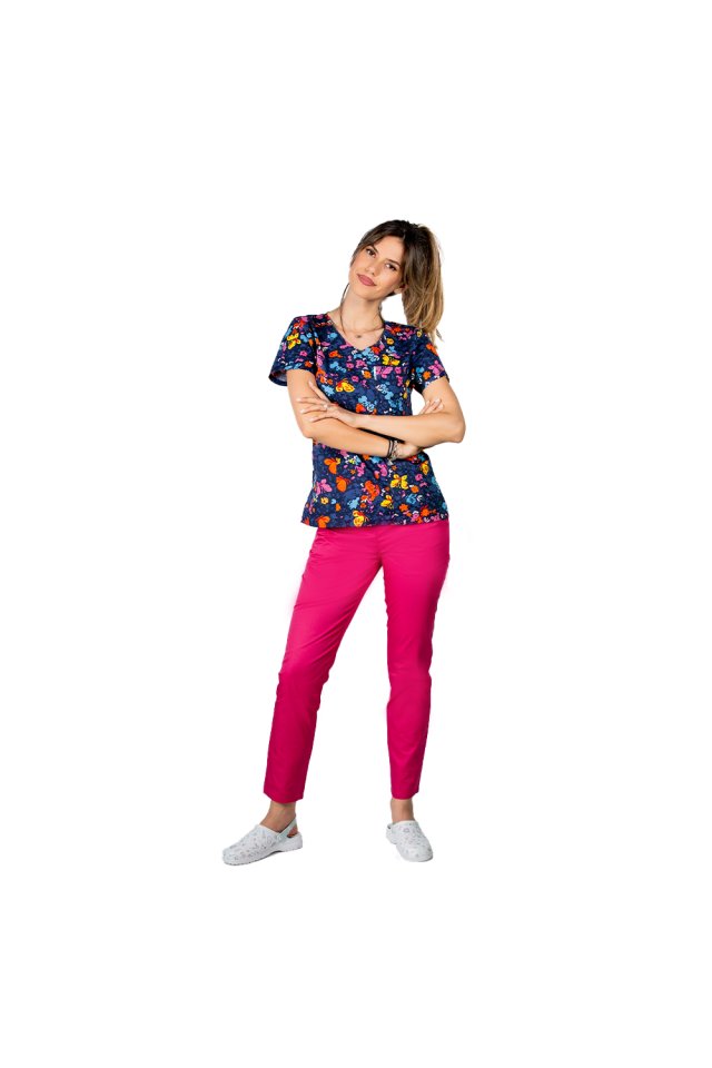 Costum medical Butterfly, cu bluza cu imprimeu  si pantaloni cu elastic