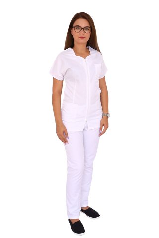 Uniforma curatenie alba cu bluza cu fermoar cambrata si pantaloni alb cu elastic