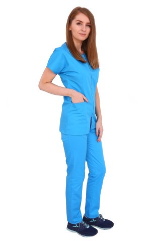Costum medical turcoaz , bluza cu fermoar cambrata, trei buzunare si pantaloni cu elastic