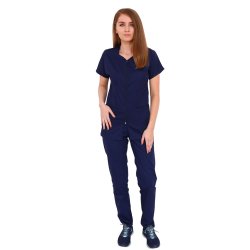 Costum medical bleumarin, bluza cu fermoar cambrata,trei buzunare si pantaloni cu elastic