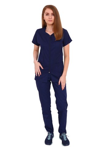 Costum medical bleumarin, bluza cu fermoar cambrata,trei buzunare si pantaloni cu elastic