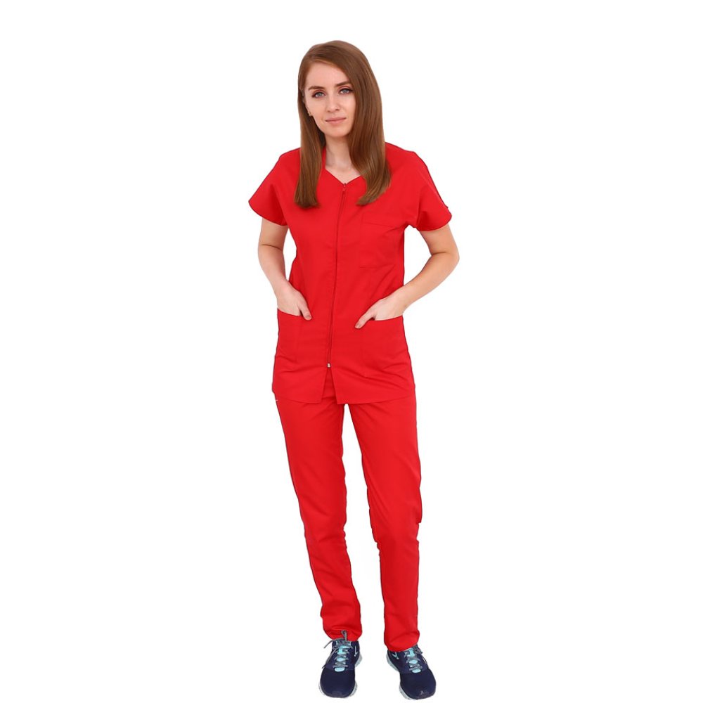 Costum medical rosu, bluza cu fermoar cambrata, trei buzunare si pantaloni cu elastic