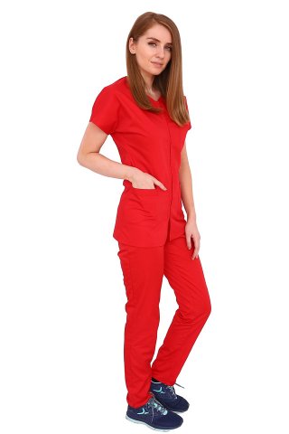 Costum medical rosu, bluza cu fermoar cambrata, trei buzunare si pantaloni cu elastic