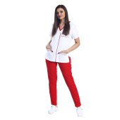Costum medical format din bluza alb cu paspol rosu si pantaloni rosii cu elastic..