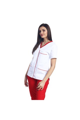 Costum medical format din bluza alb cu paspol rosu si pantaloni rosii cu elastic