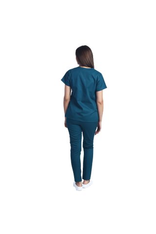 Costum medical tuborg cu bluza cu anchior in forma V si pantaloni tuborg cu elastic