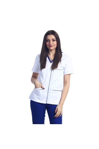 Costum medical format din bluza alb cu paspol albastru si pantaloni albastri cu elastic