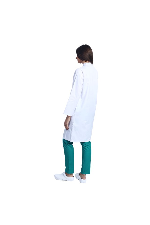 Halat medical alb, unisex, cu guler tip tunica si trei buzunare si maneca lunga