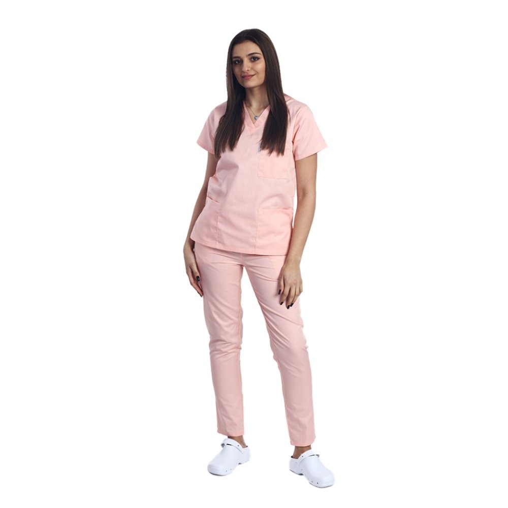 Pachet costum medical in v piersica cu saboti, cadou boneta