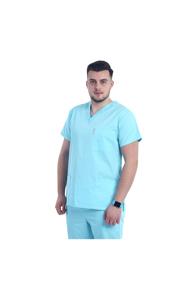 Halat medical menta unisex cu anchior in V si trei buzunare aplicate