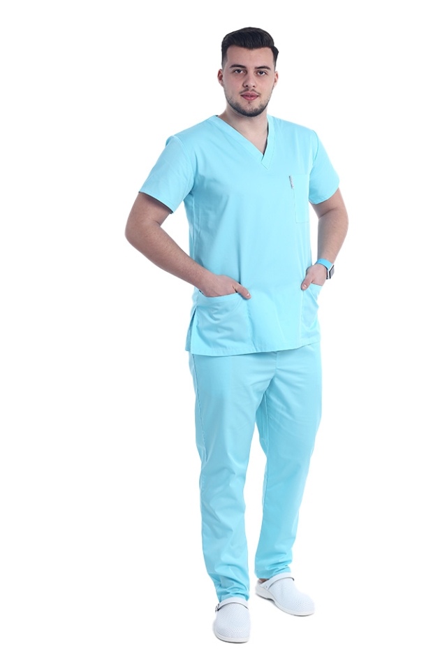 Halat medical menta unisex cu anchior in V si trei buzunare aplicate