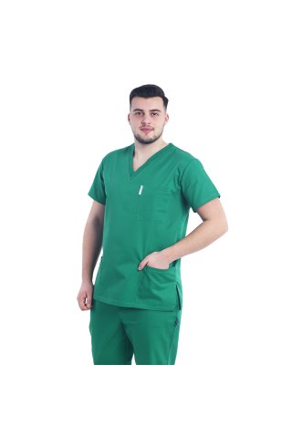 Halat medical verde chirurgical unisex cu anchior in forma V cu trei buzunare