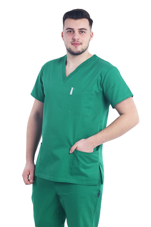 Halat medical verde chirurgical unisex cu anchior in forma V cu trei buzunare