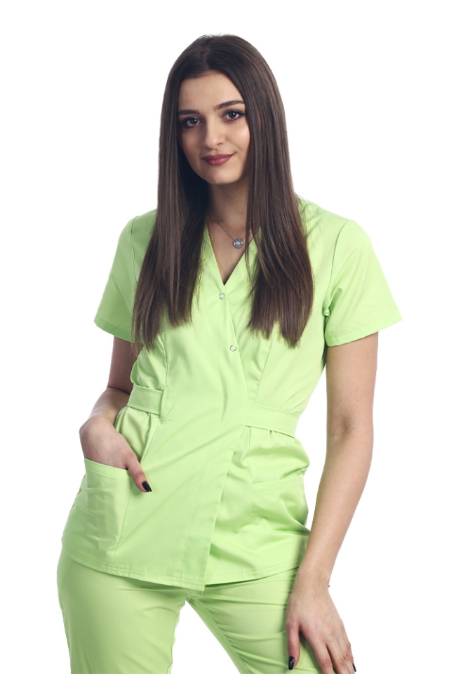 Halat medical kimono lime cu doua buzunare aplicate