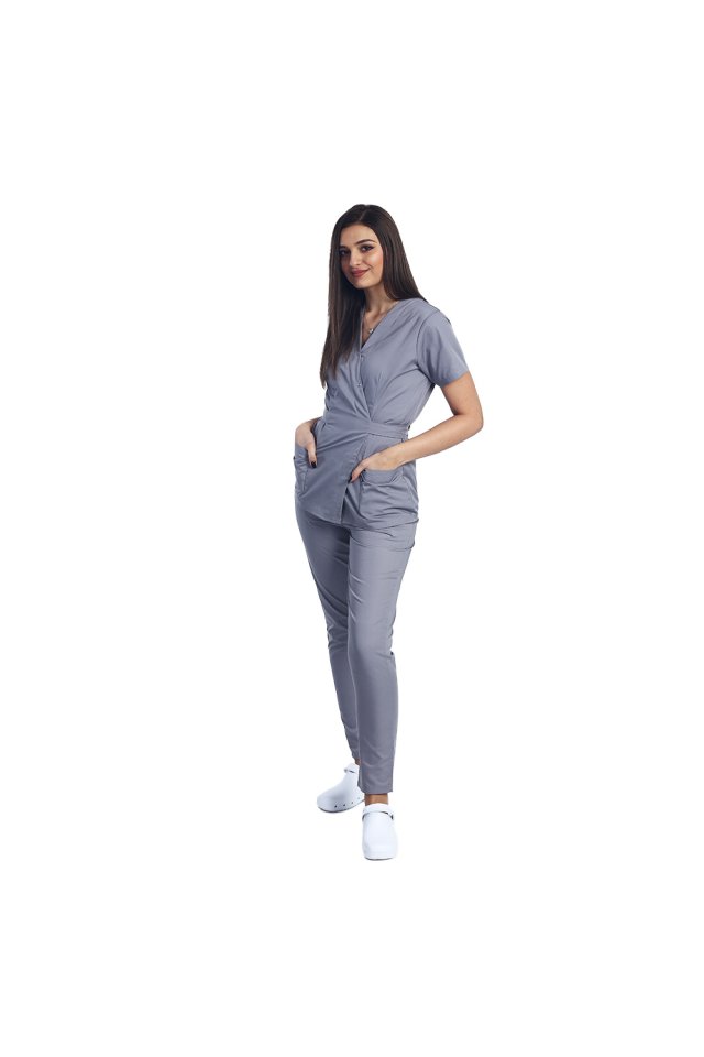 Costum medical gri, cu bluza tip kimono si pantaloni cu elastic