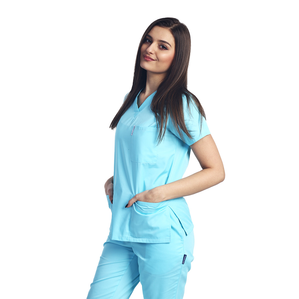 Costum medical menta cu bluza cu anchior in forma V si pantaloni cu elastic