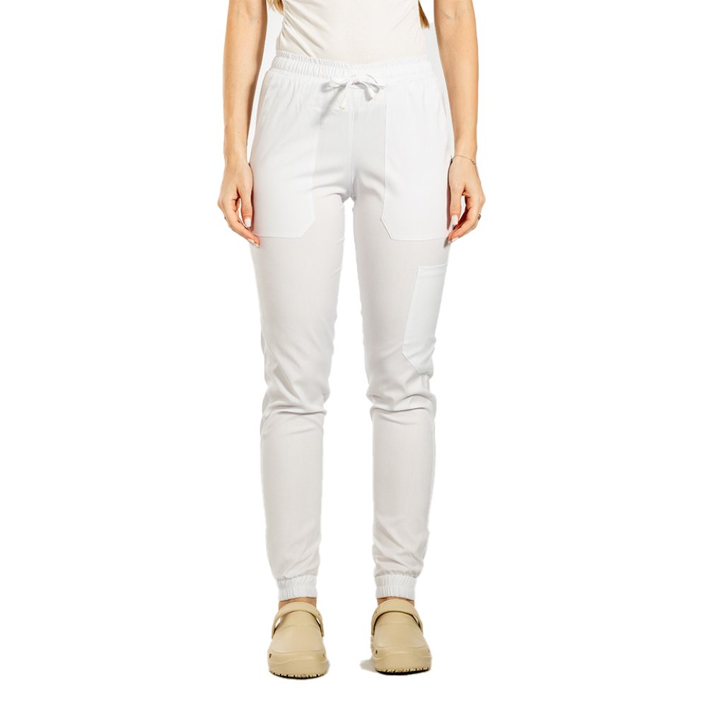 Pantaloni medicali stretch tip jogger alb cu snur si elastic in talie si la glezna