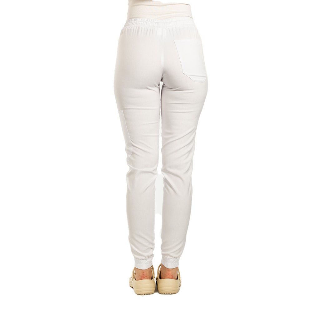 Pantaloni medicali stretch tip jogger alb cu snur si elastic in talie si la glezna