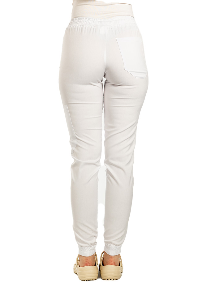 Pantaloni medicali stretch tip jogger alb cu snur si elastic in talie si la glezna