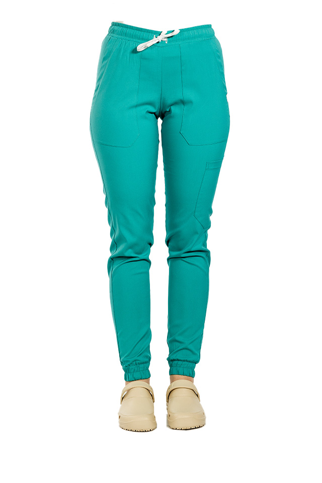 Pantaloni medicali stretch tip jogger verde turcoaz cu snur si elastic in talie si la glezna