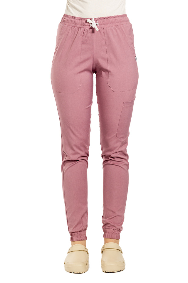 Pantaloni medicali stretch tip jogger roz pudrat cu snur si elastic in talie si la glezna