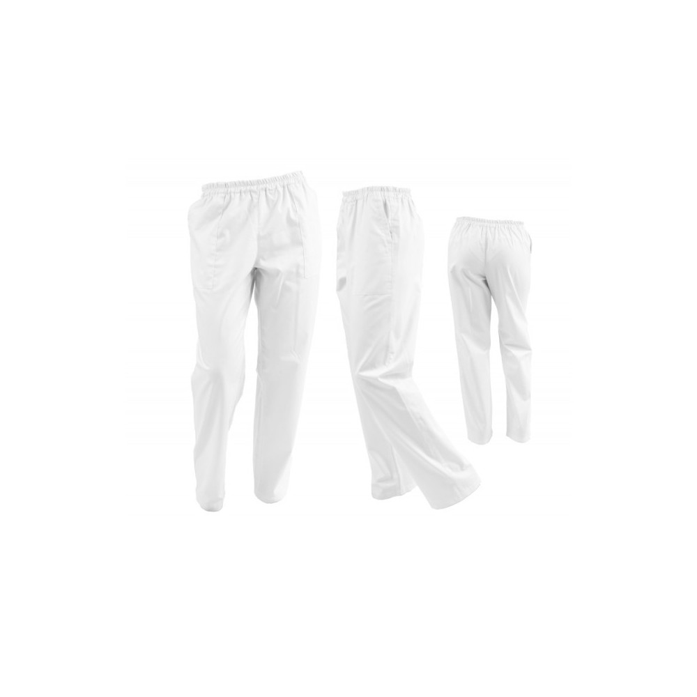 Pantaloni HORECA unisex albi cu elastic si doua buzunare laterale