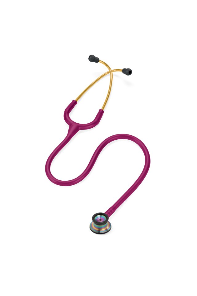 Pachet costum medical kimono elastic magenta cu saboti si stetoscop littmann, cadou halat polar magenta si boneta