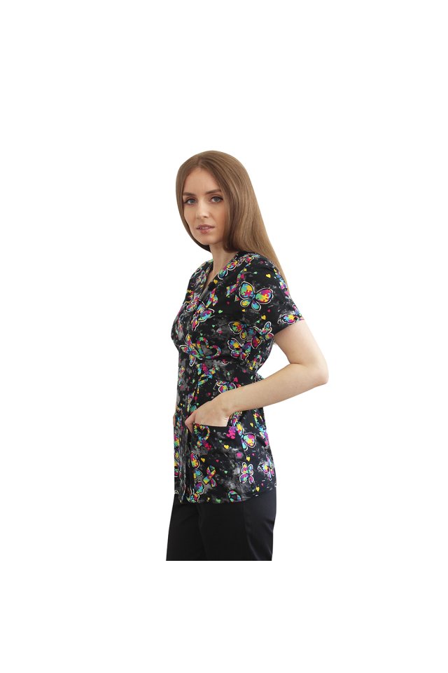 Halat medical kimono Black Butterfly cu doua buzunare aplicate