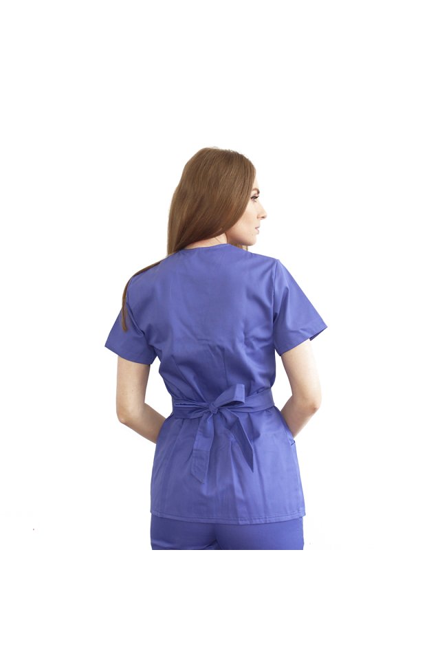 Costum medical mov, cu bluza tip kimono si pantaloni cu elastic