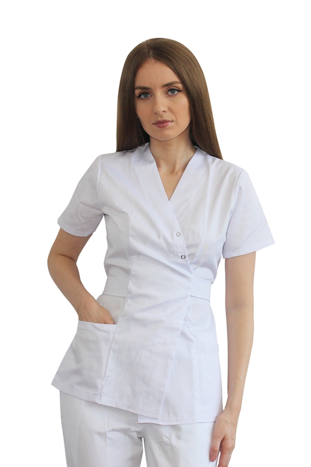 Halat medical kimono alb cu doua buzunare aplicate