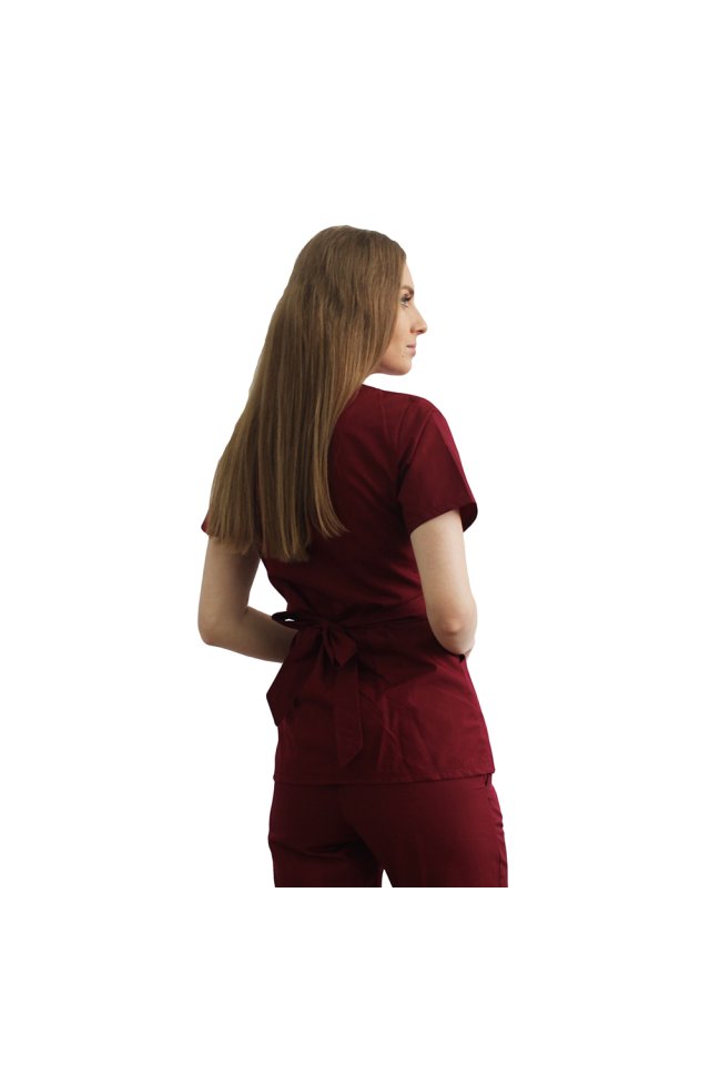 Costum medical grena, cu bluza tip kimono si pantaloni cu elastic