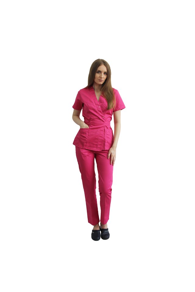 Costum medical ciclam, cu bluza tip kimono si pantaloni ciclam cu elastic